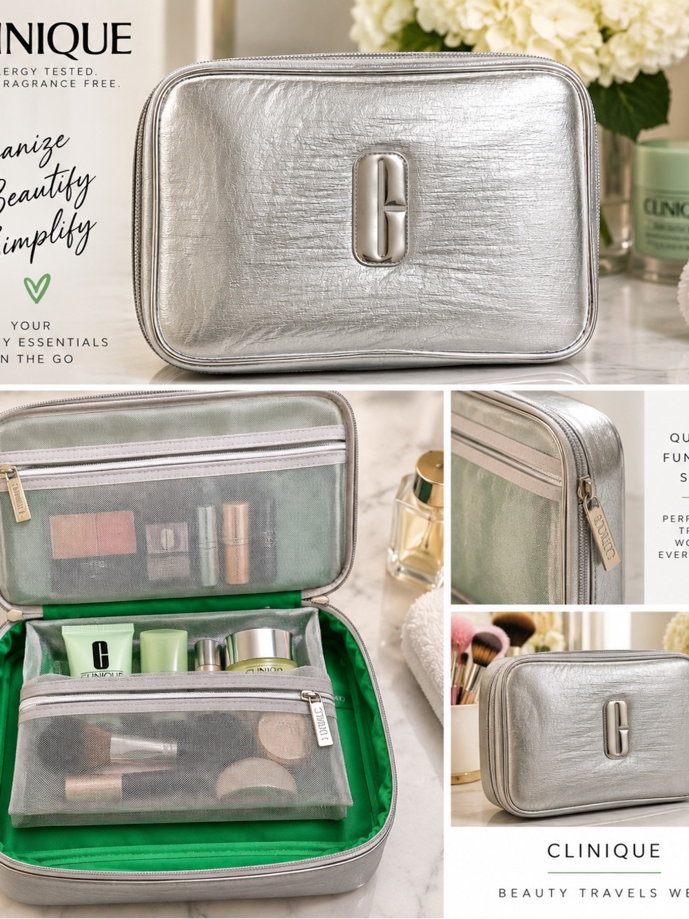 Clinique Metallic Silver Travel Makeup Organizer with Green Interior